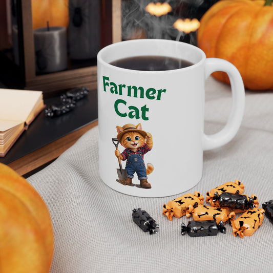 Farmer Cat Coffee Mug - Cute Gardener Cat Ceramic Tea Cup (11oz, 15oz)